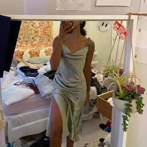 sage green satin slip dress